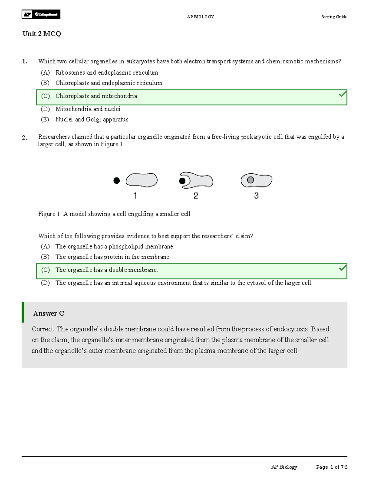 AP BIOLOGY Unit 2 MCQ Scoring Guide and Answers - Studocu