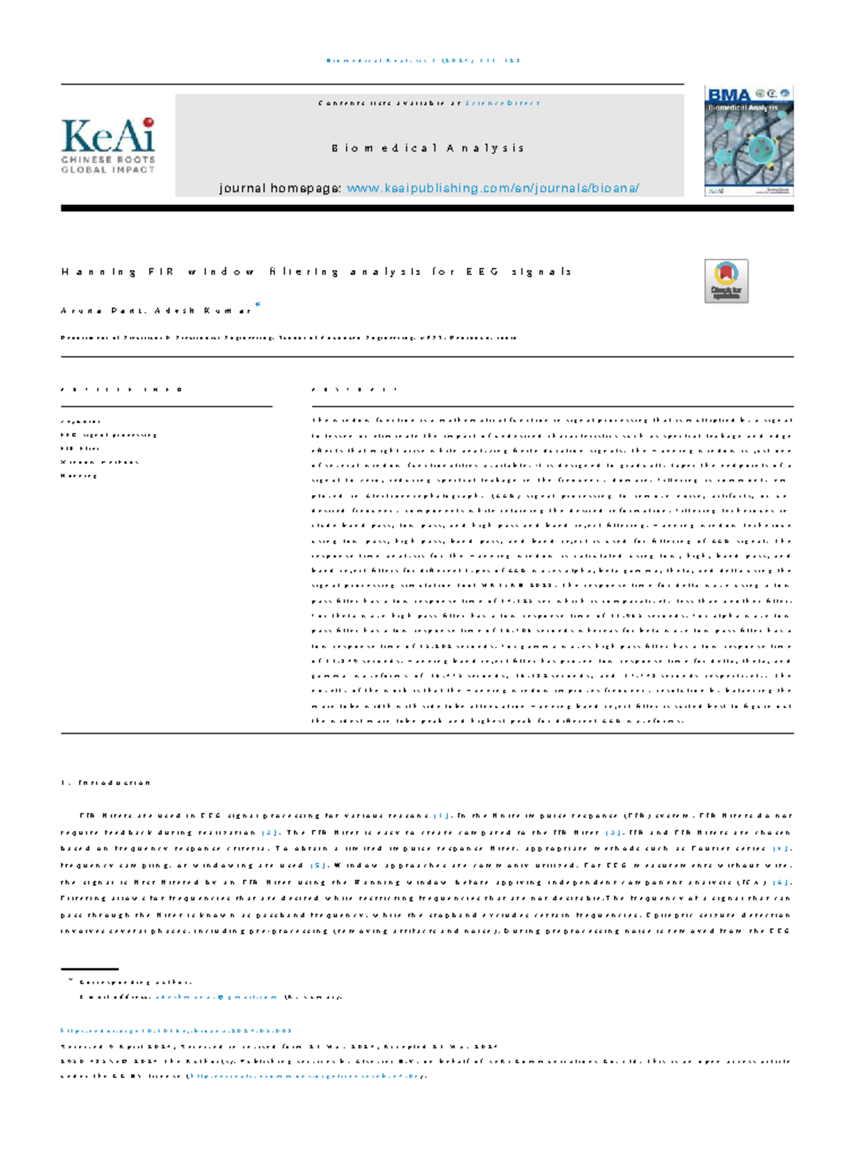 Hanning FIR Window Filtering Analysis for EEG Signals (Biomedical ...