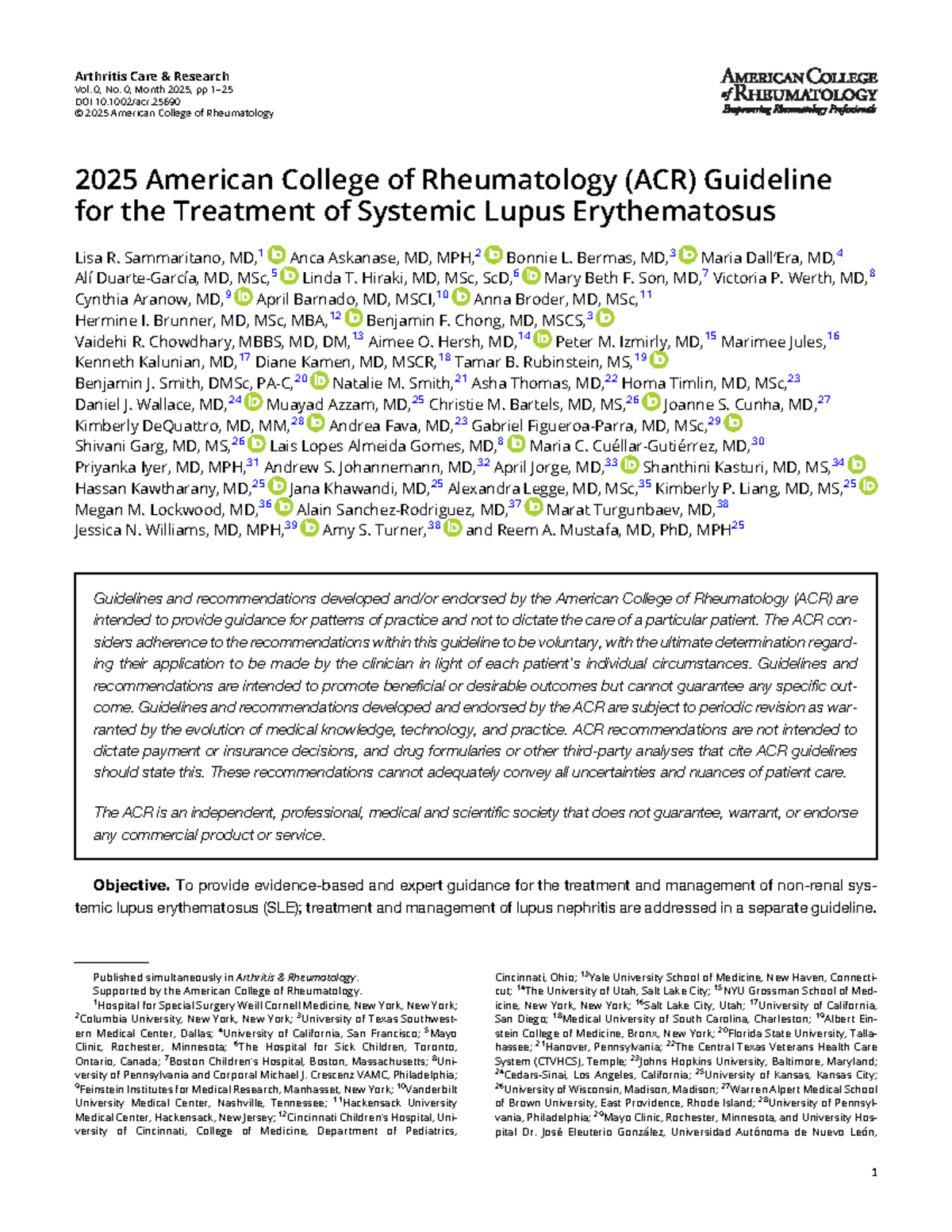 2025 ACR Guideline for the Treatment of Systemic Lupus Erythematosus ...