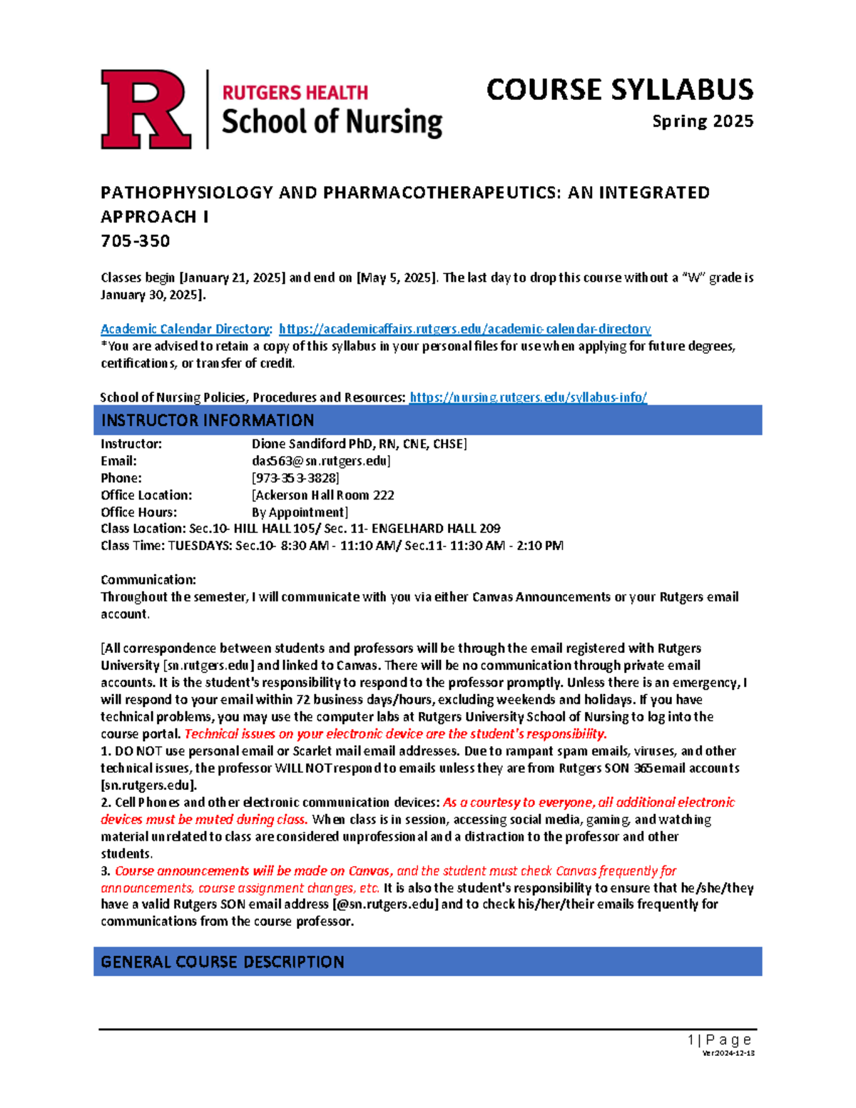 Pathophysiology & Pharmacotherapeutics Syllabus (705-350) Spring 2025 ...