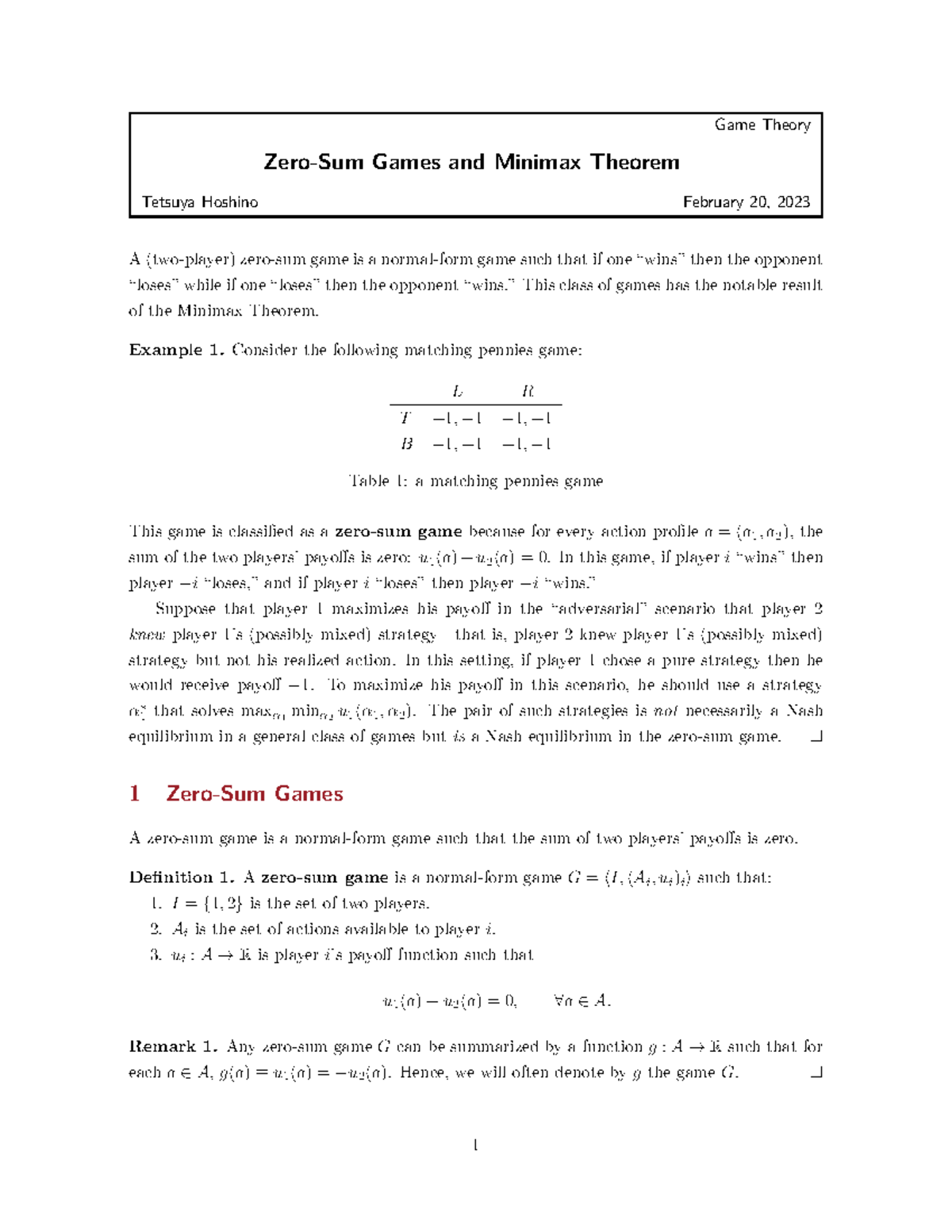 Game1g zero sum game - Notas - Game Theory Zero-Sum Games and Minimax ...
