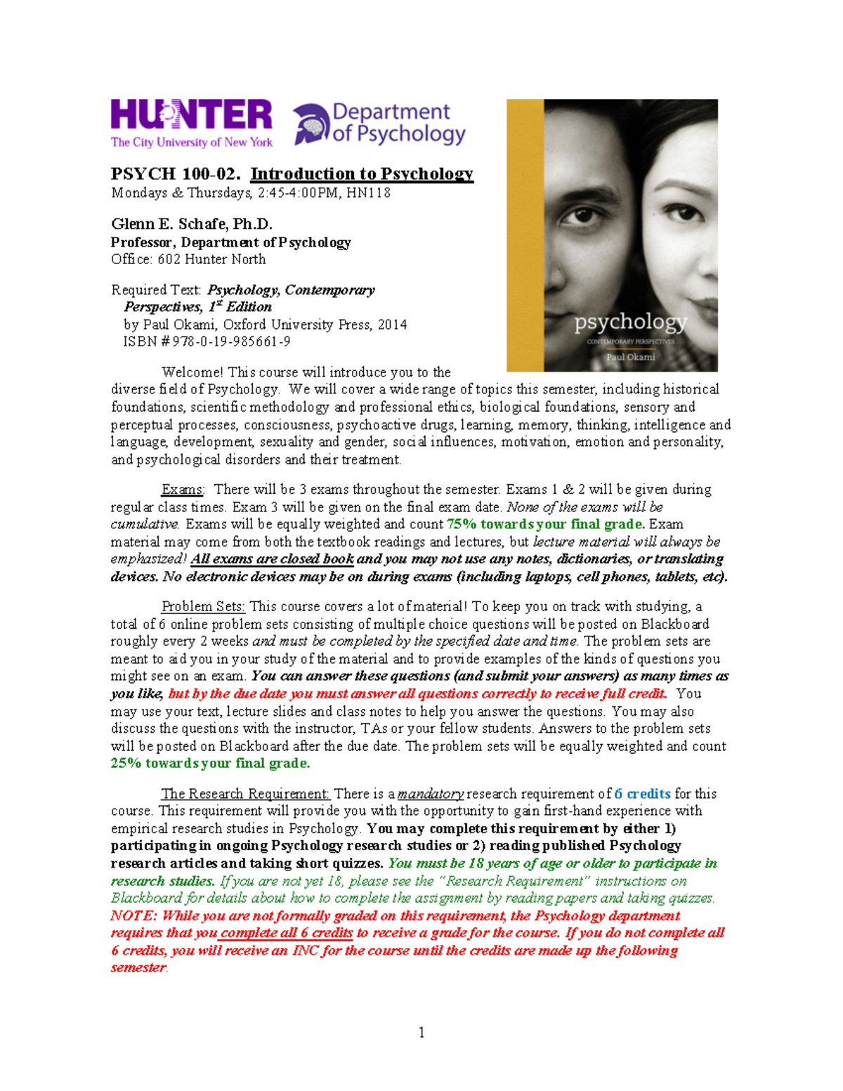 Psych 100 Syllabus Fall 2018- Final - PSYCH 100-02. Introduction to ...