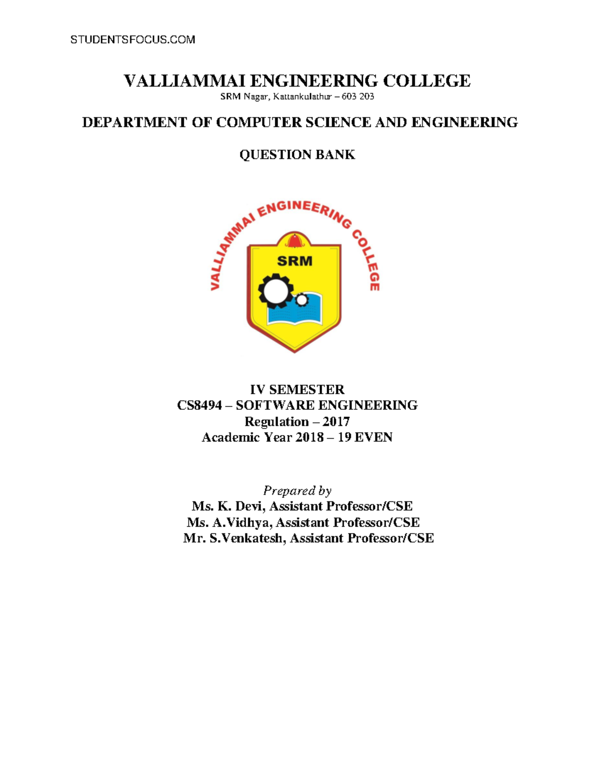 CS8494 Software Engineering - Question Bank for IV Semester - Studocu