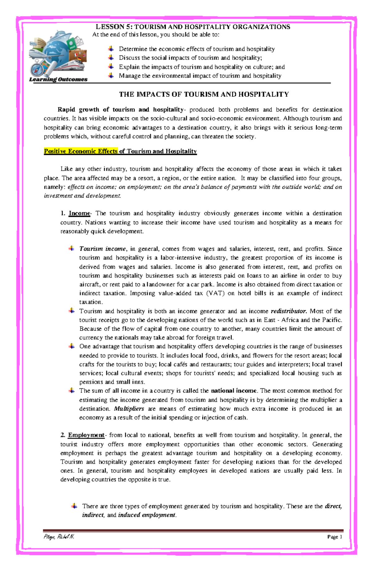 Lesson 5 The impacts of Tourism and Hospitality - At the end of this ...