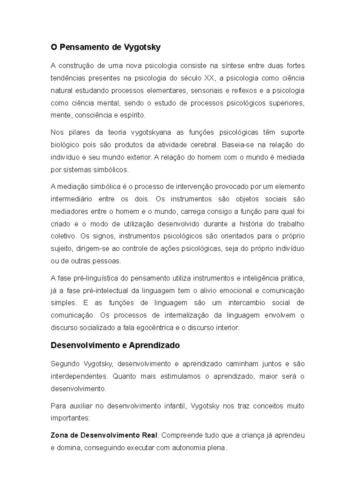 Vygotsky - Resumo sobre Desenvolvimento e Aprendizado - Studocu