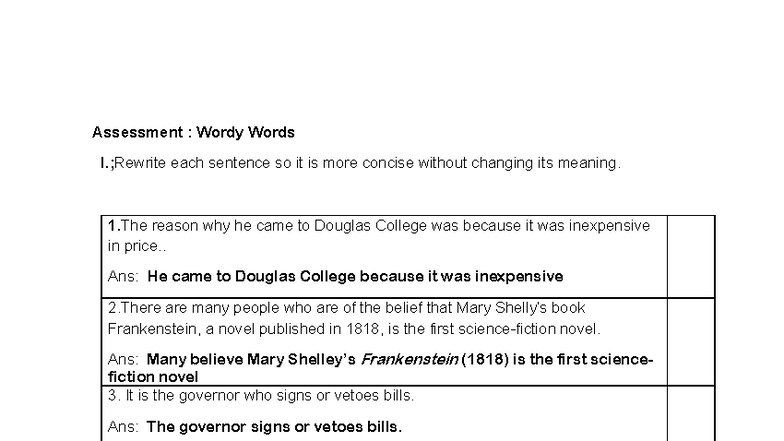 Assessment: Conciseness Techniques for Wordy Sentences - Studocu