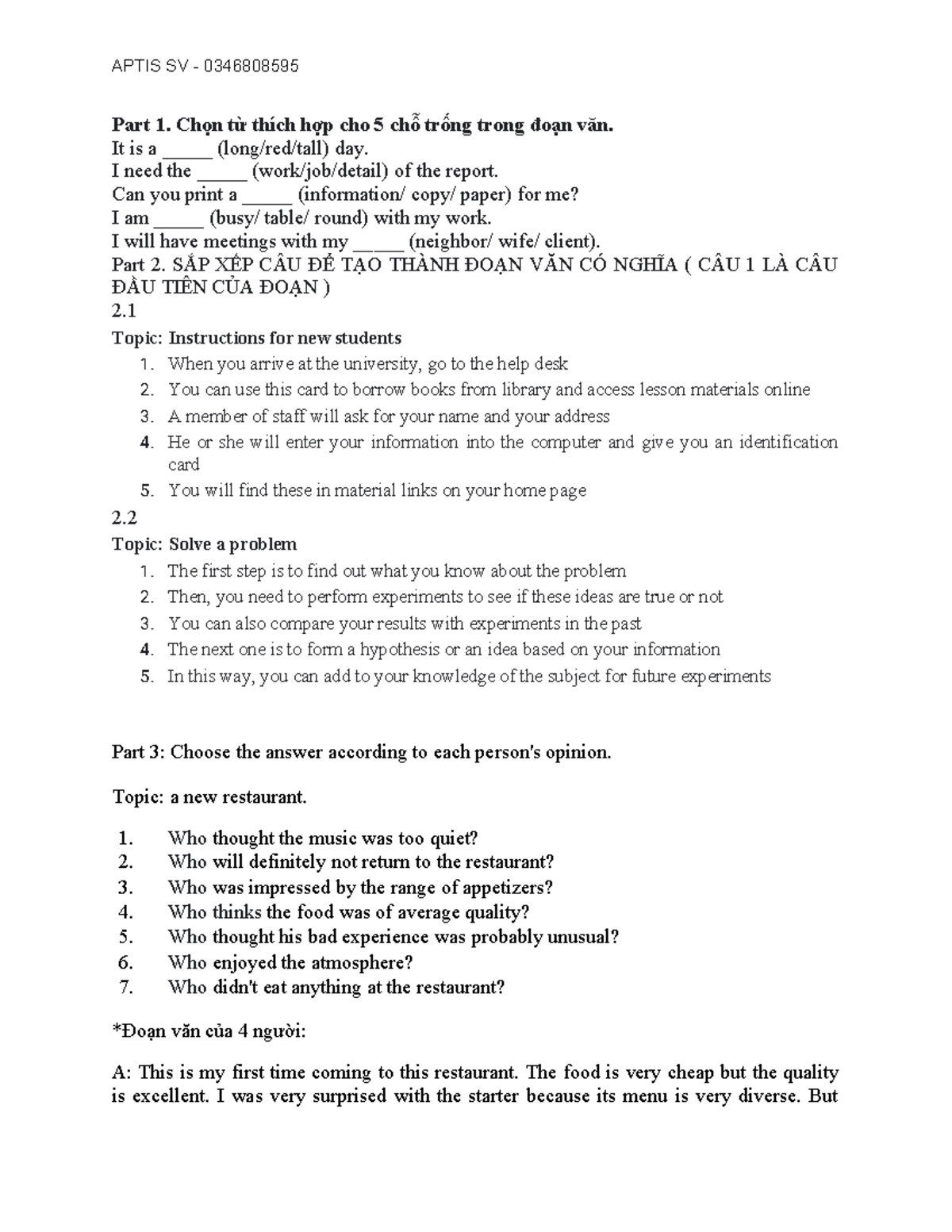 APTIS SV 0346808595: Reading Comprehension Practice and Exercises - Studocu
