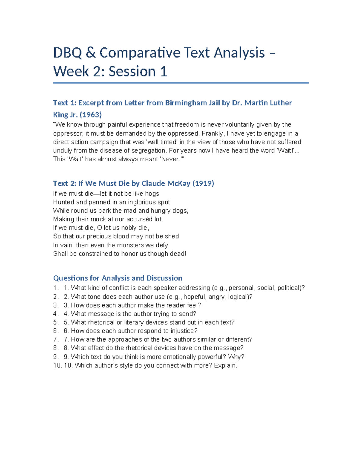 DBQ Comparative Text Analysis: MLK & McKay - Week 2 Session 1 - Studocu