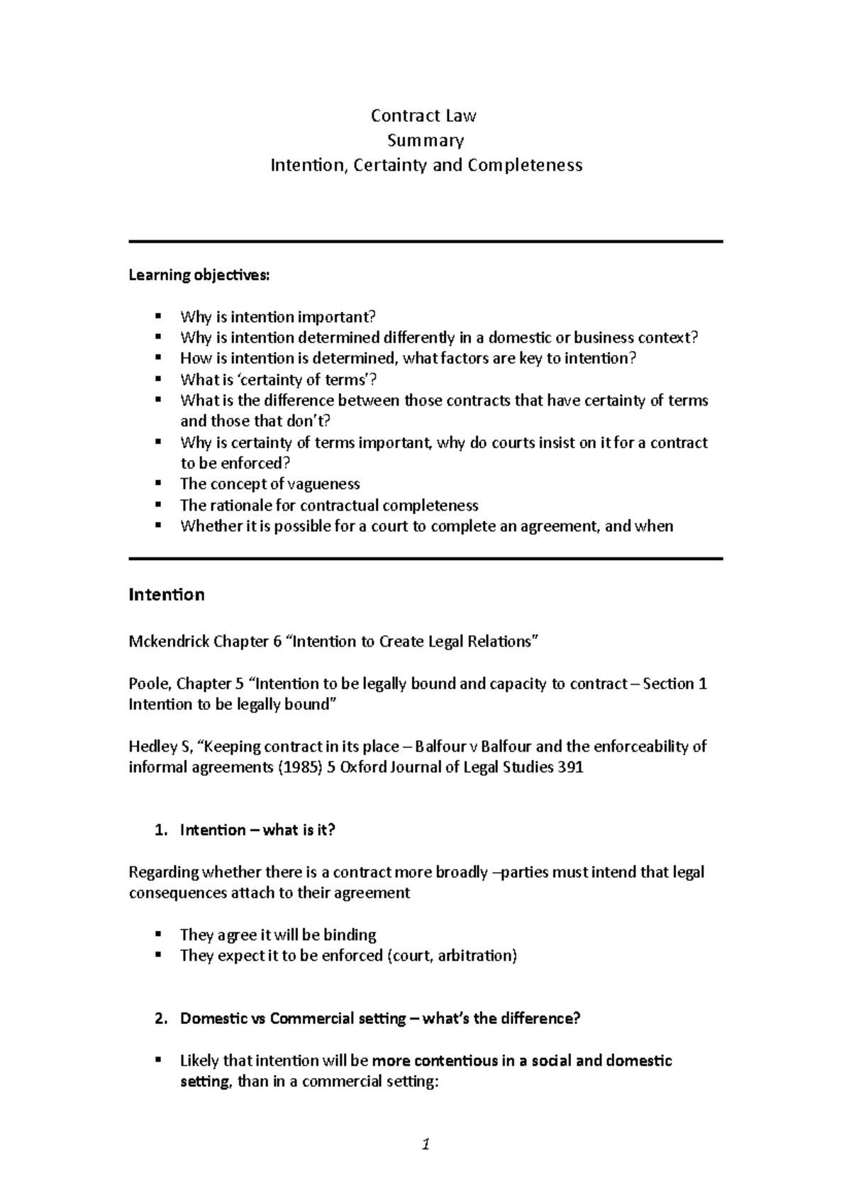 Contract Law Summary Intention Certainty Completeness - Contract Law ...