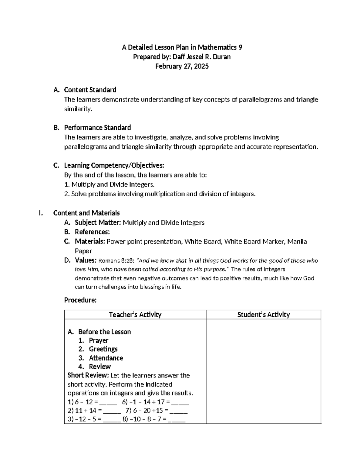 Detailed Lesson Plan: Multiplying & Dividing Integers (Math 9) - Studocu
