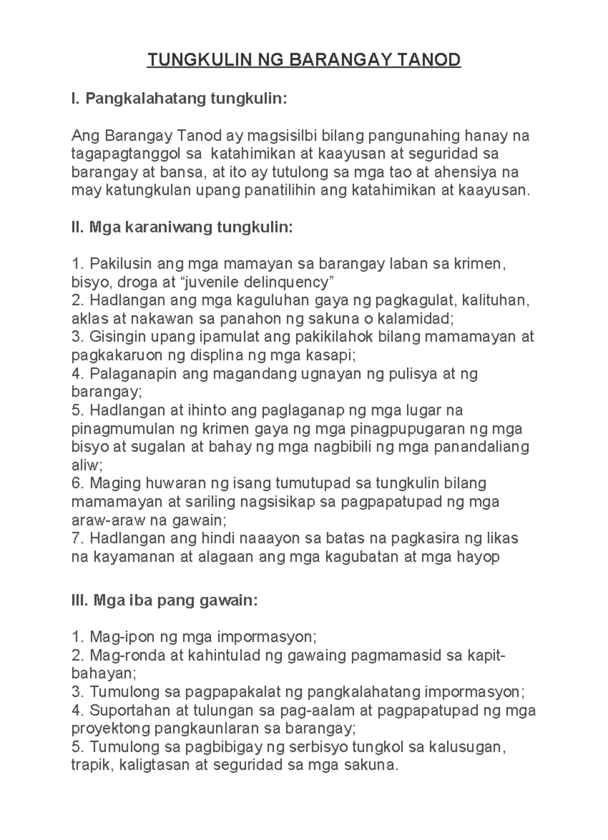 Tungkulin NG Barangay Tanod - TUNGKULIN NG BARANGAY TANOD I ...