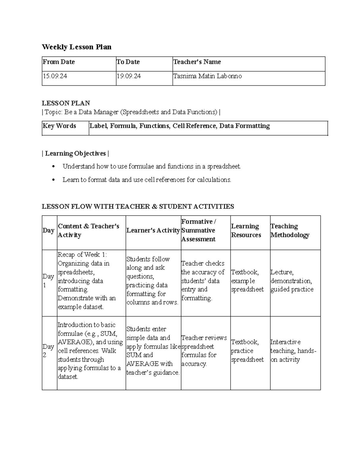 G6 WLP Week 6: Data Management Lesson Plan (15.09.24 - 19.09.24) - Studocu