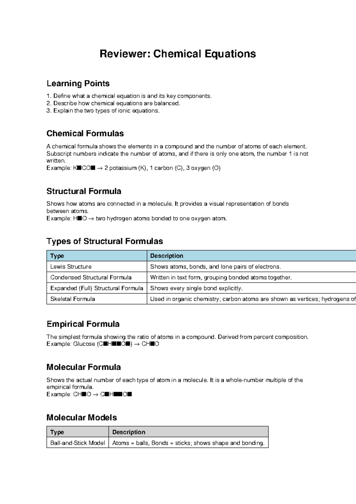 Reviewer: Chemical Equations Key Concepts and Formulas - Studocu