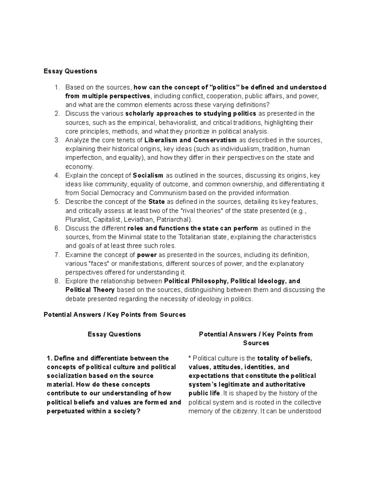 Political Science Essay Questions: Key Concepts & Theories (POL101 ...
