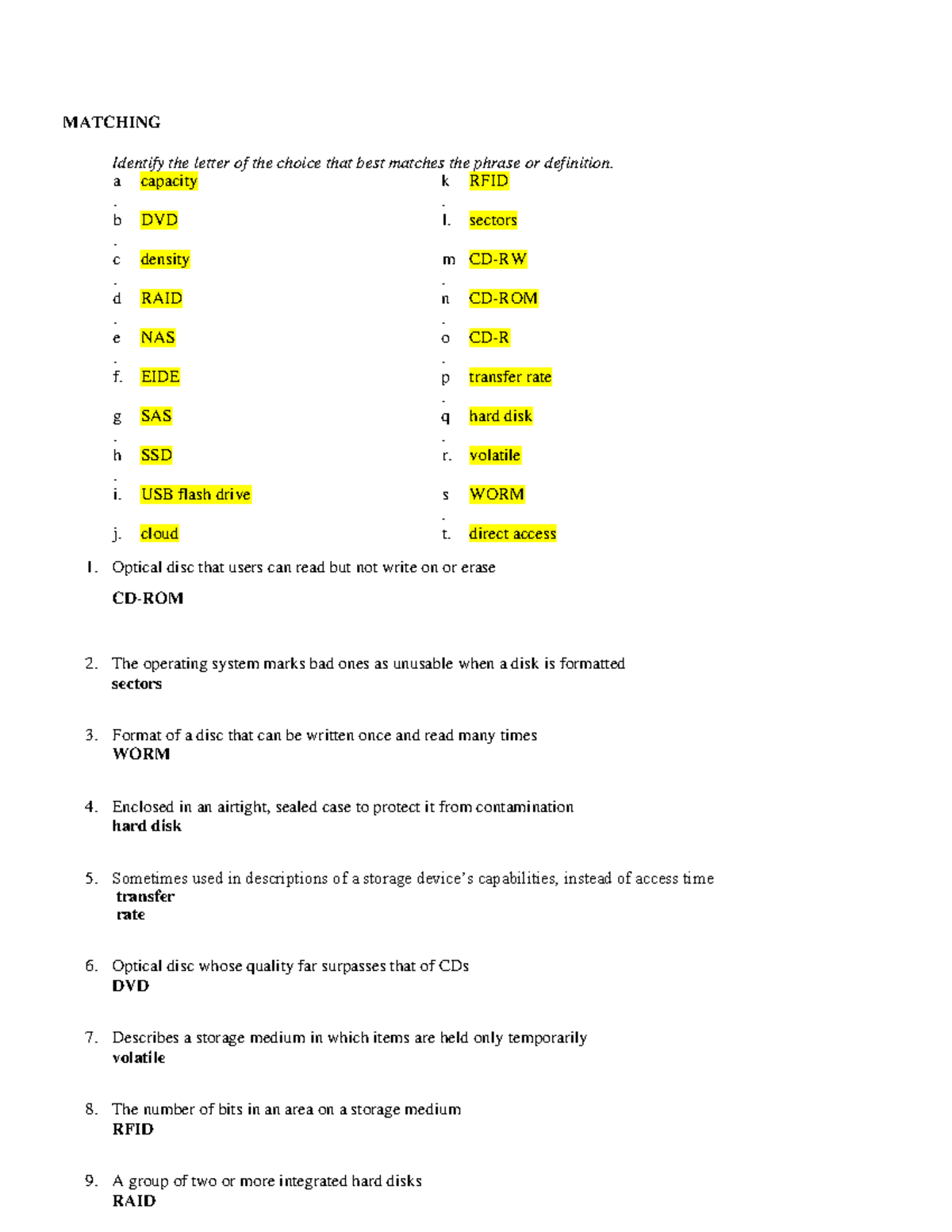 AIS160 Exercises - MATCHING Identify the letter of the choice that best ...