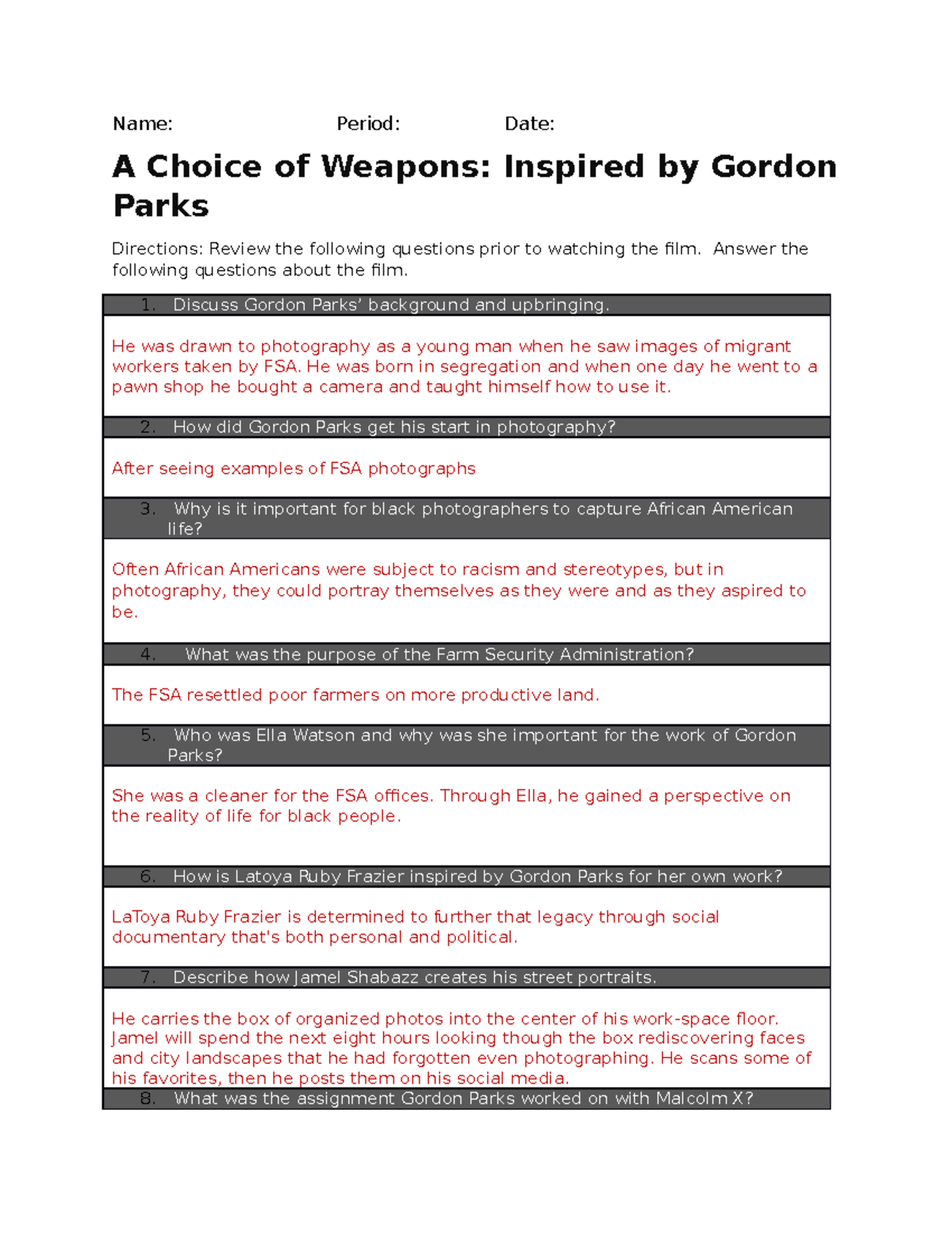 Gordon Parks A Choice of Weapons Film Questions - Name: Period: Date: A ...