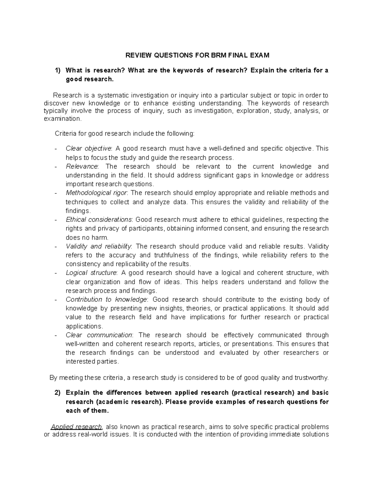 REVIEW QUESTIONS FOR BRM FINAL EXAM: Key Concepts and Methodologies ...