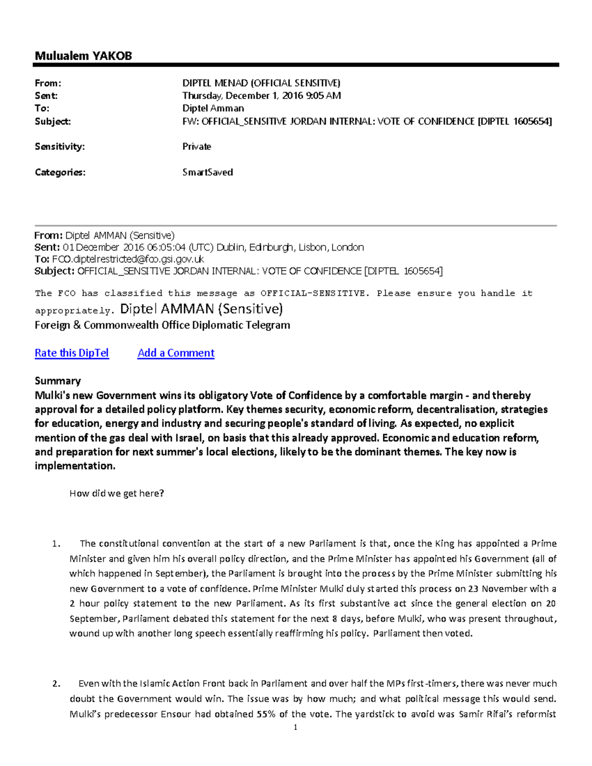 Jordan Internal Politics: Vote of Confidence Summary [DIPTEL 1605654 ...