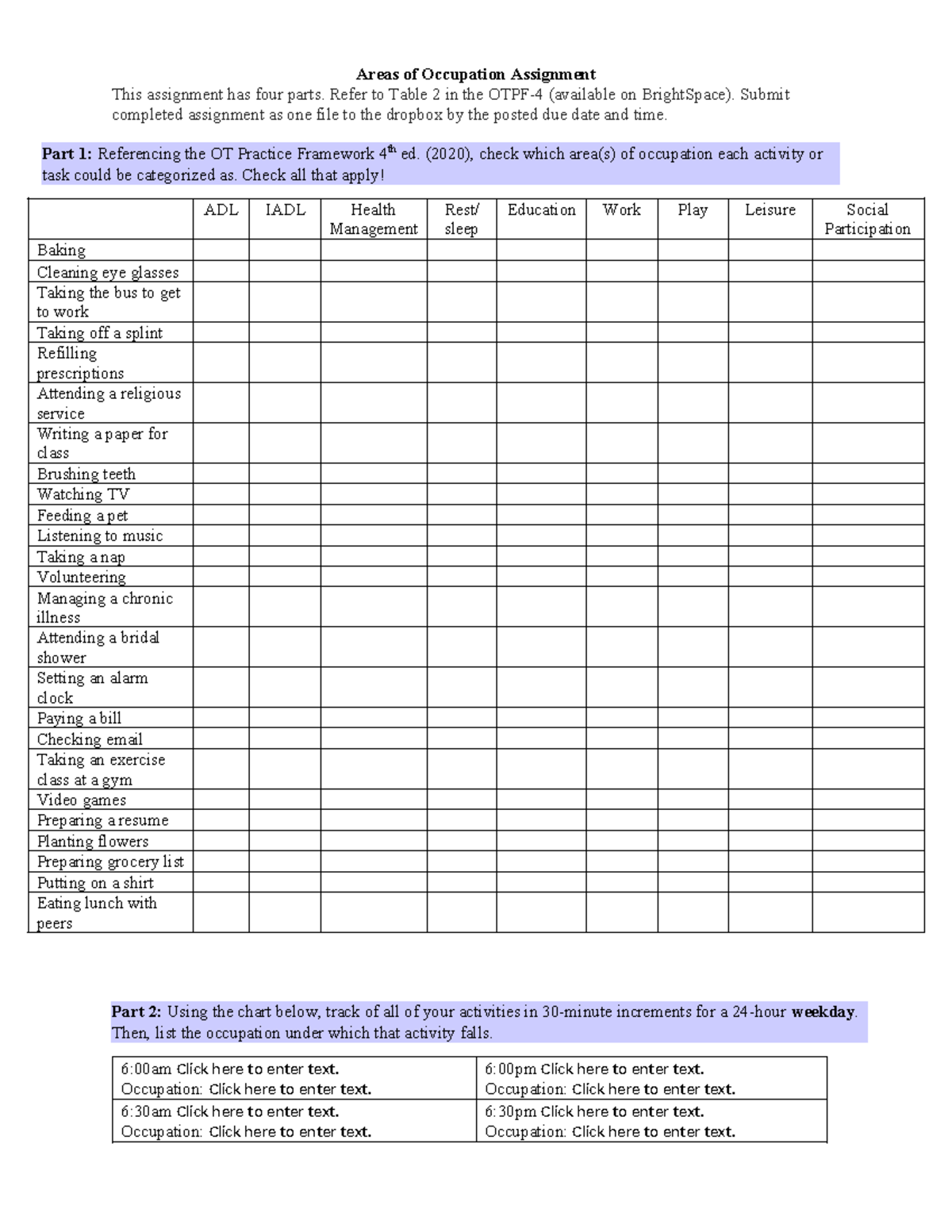 OT 101: Areas of Occupation Assignment Guide - Studocu