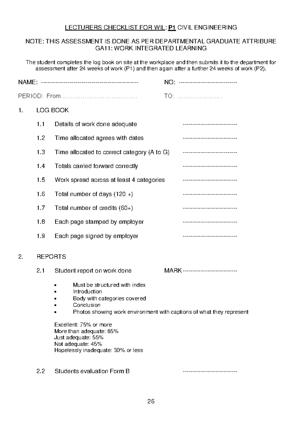 Assessment Forms for Civil Engineering P1 - Logbook Evaluation - Studocu