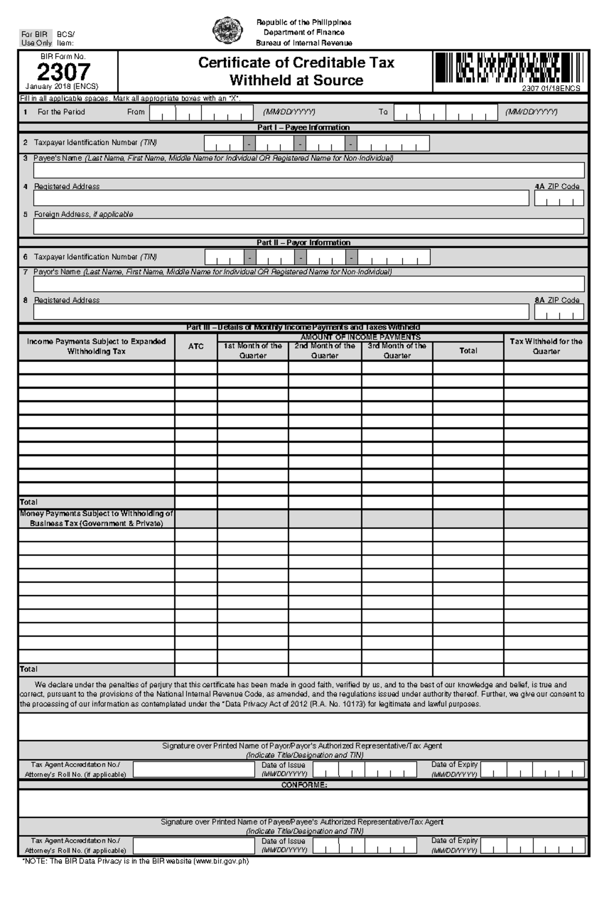 BIR Form 2307 Template - Expanded Withholding Tax Guidelines - Studocu