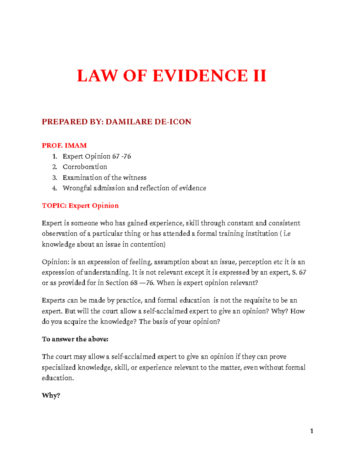 LAW OF EVIDENCE II: Expert Opinion, Corroboration & Witness 