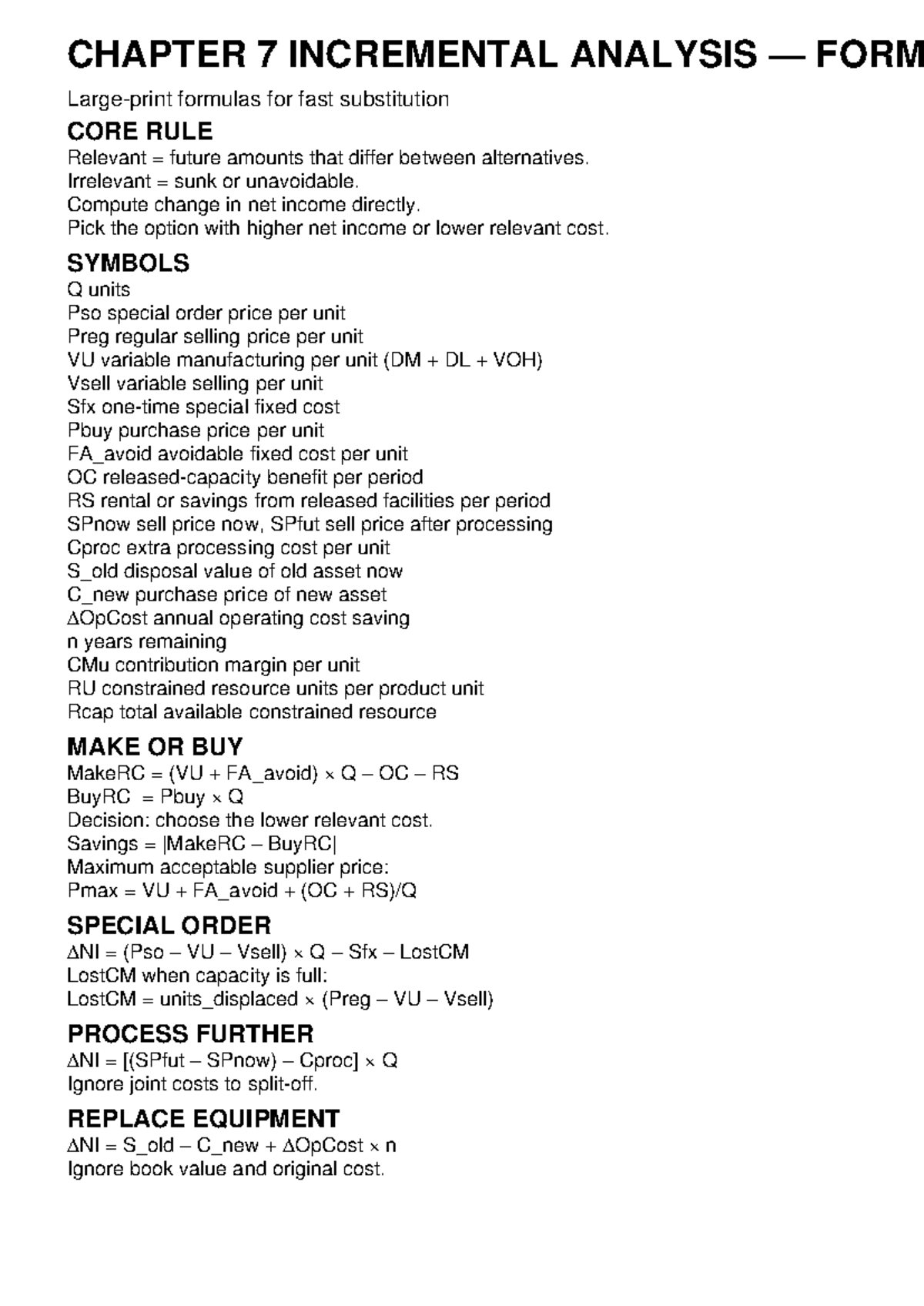 Chapter 7 Incremental Analysis Formulas HB - Studocu