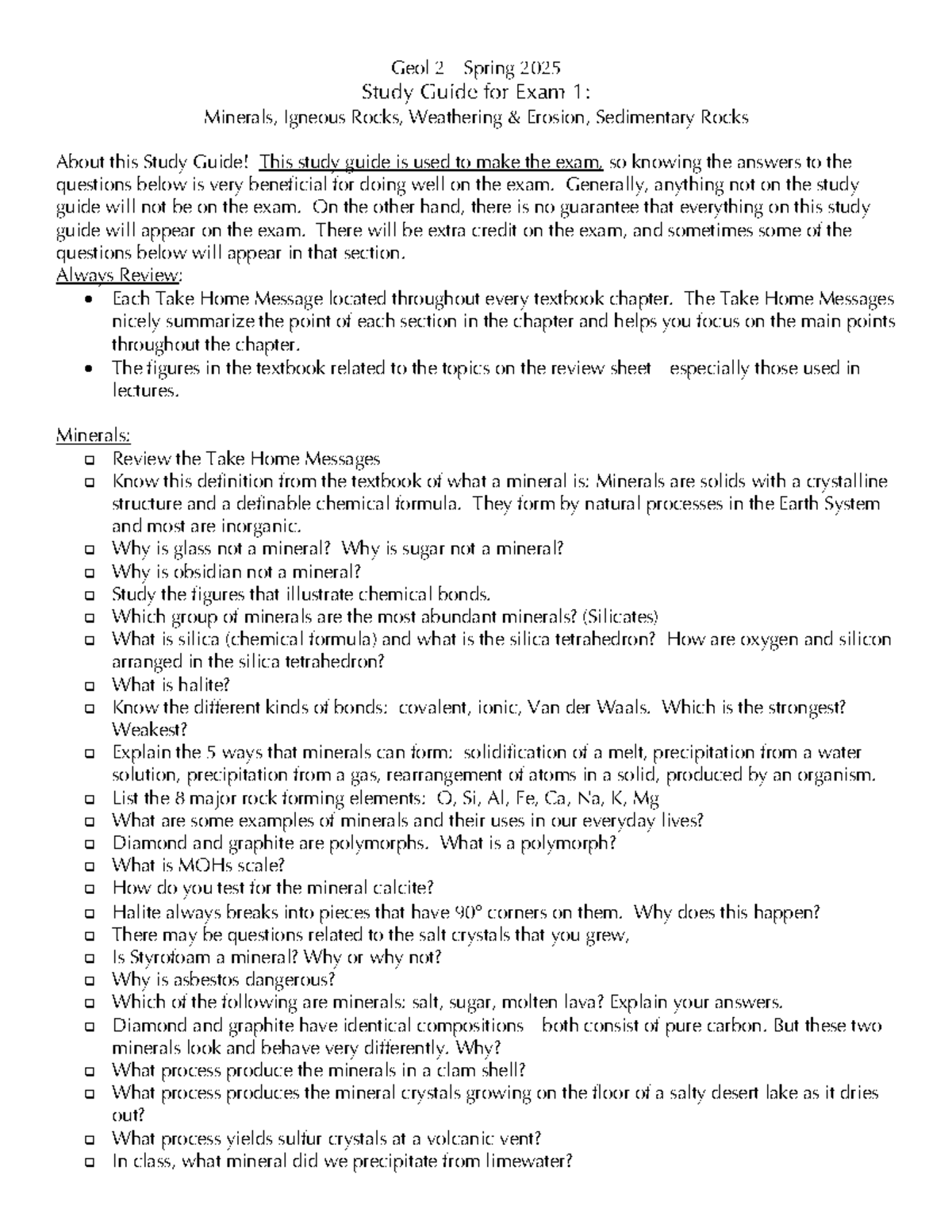 G2 Geol 2025 Study Guide for Exam 1: Minerals & Igneous Rocks - Studocu