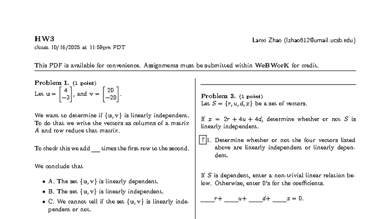 MATH 4A Homework Assignment: Linear Independence Problems - Studocu