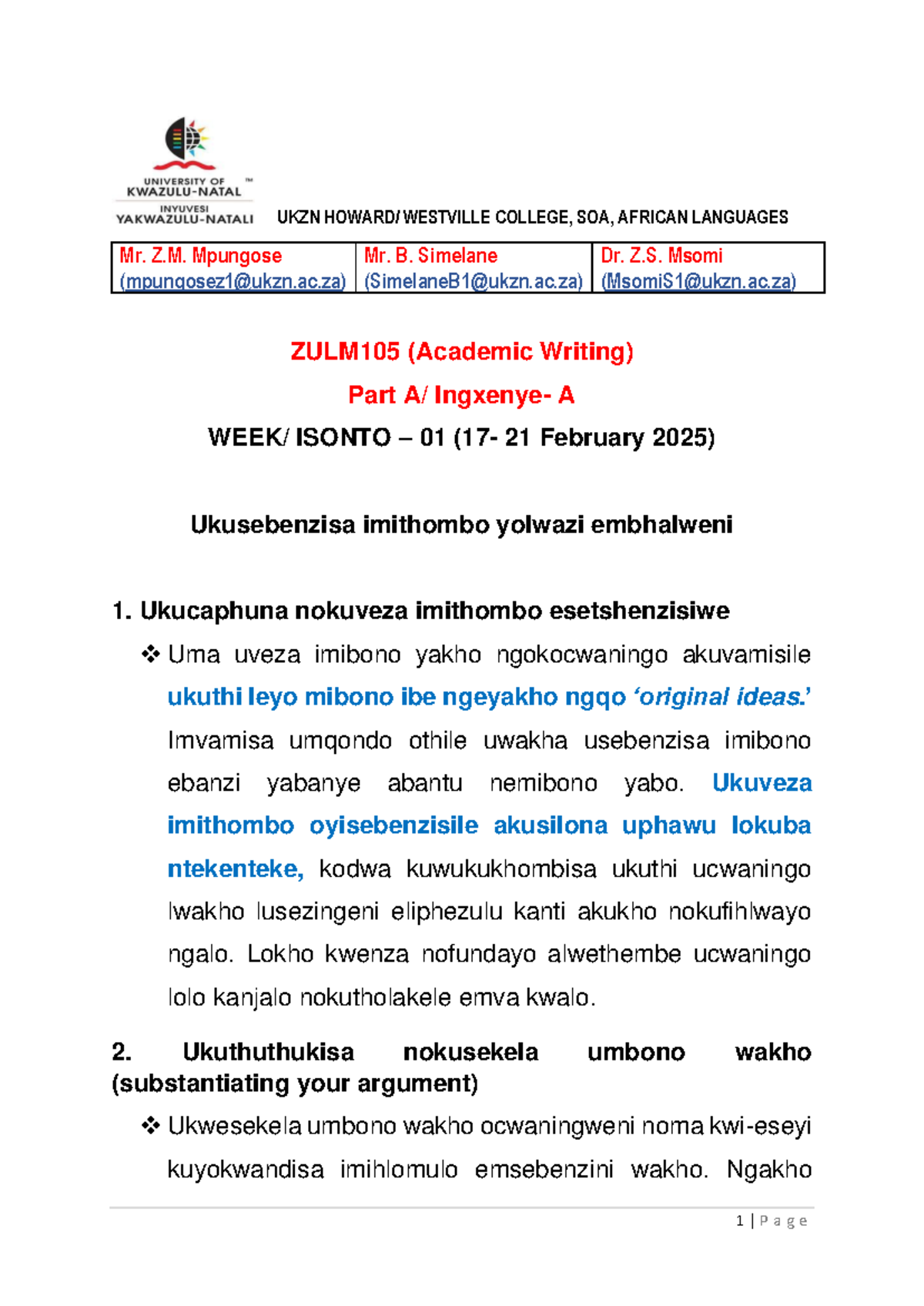 ZULM105 - Week 1: Imithombo Yolwazi Part A Guide - Studocu
