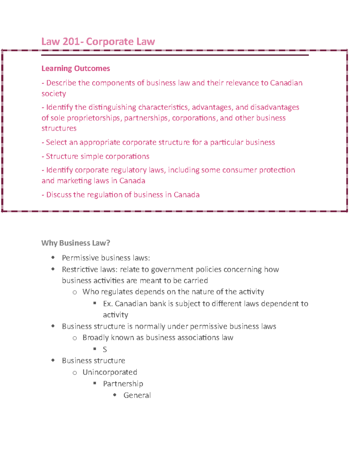 Corporate Law Notes for Law 201: Key Concepts and Structures - Studocu