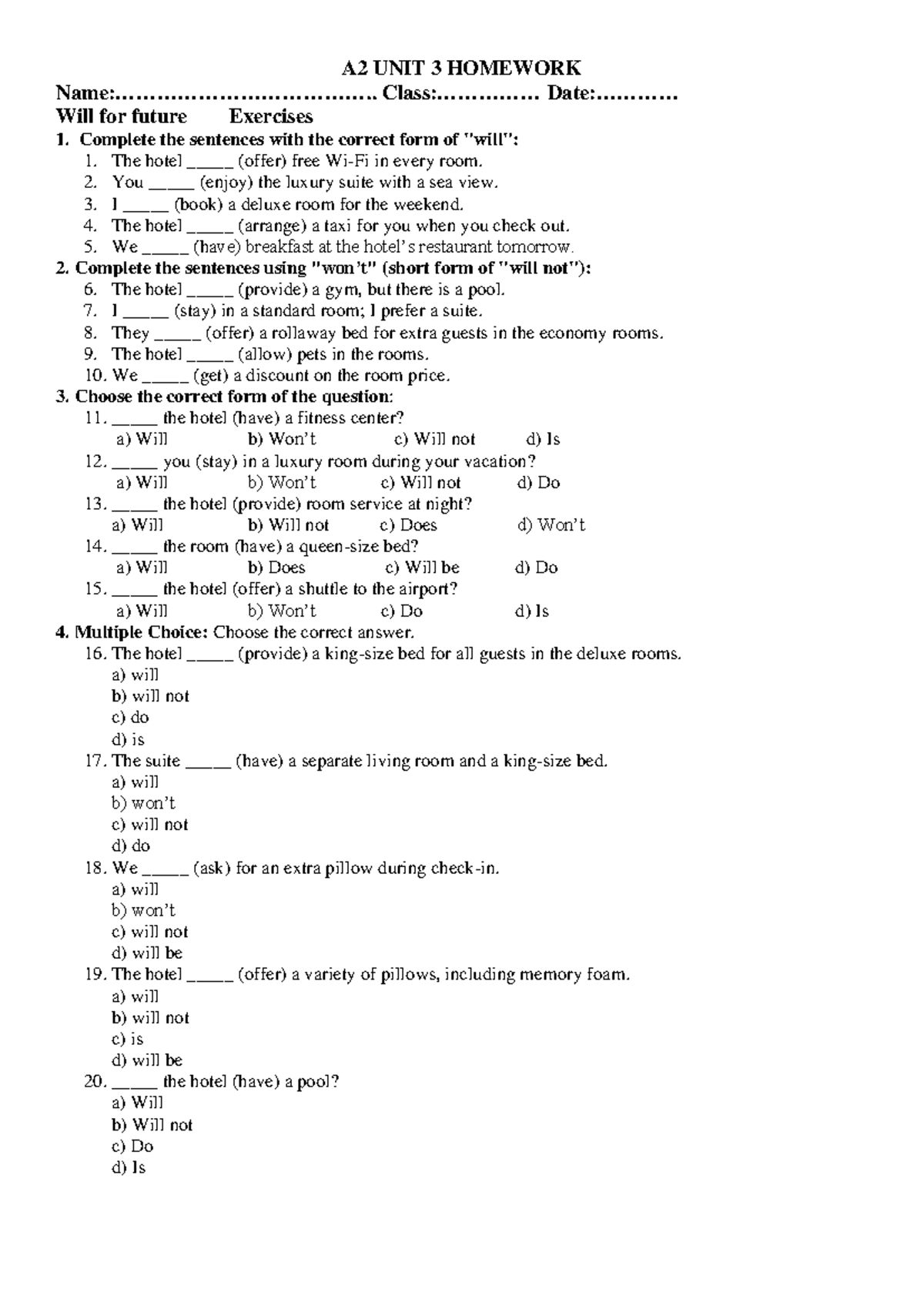 A2 UNIT 3 Homework: Will for Future Exercises and Questions - Studocu