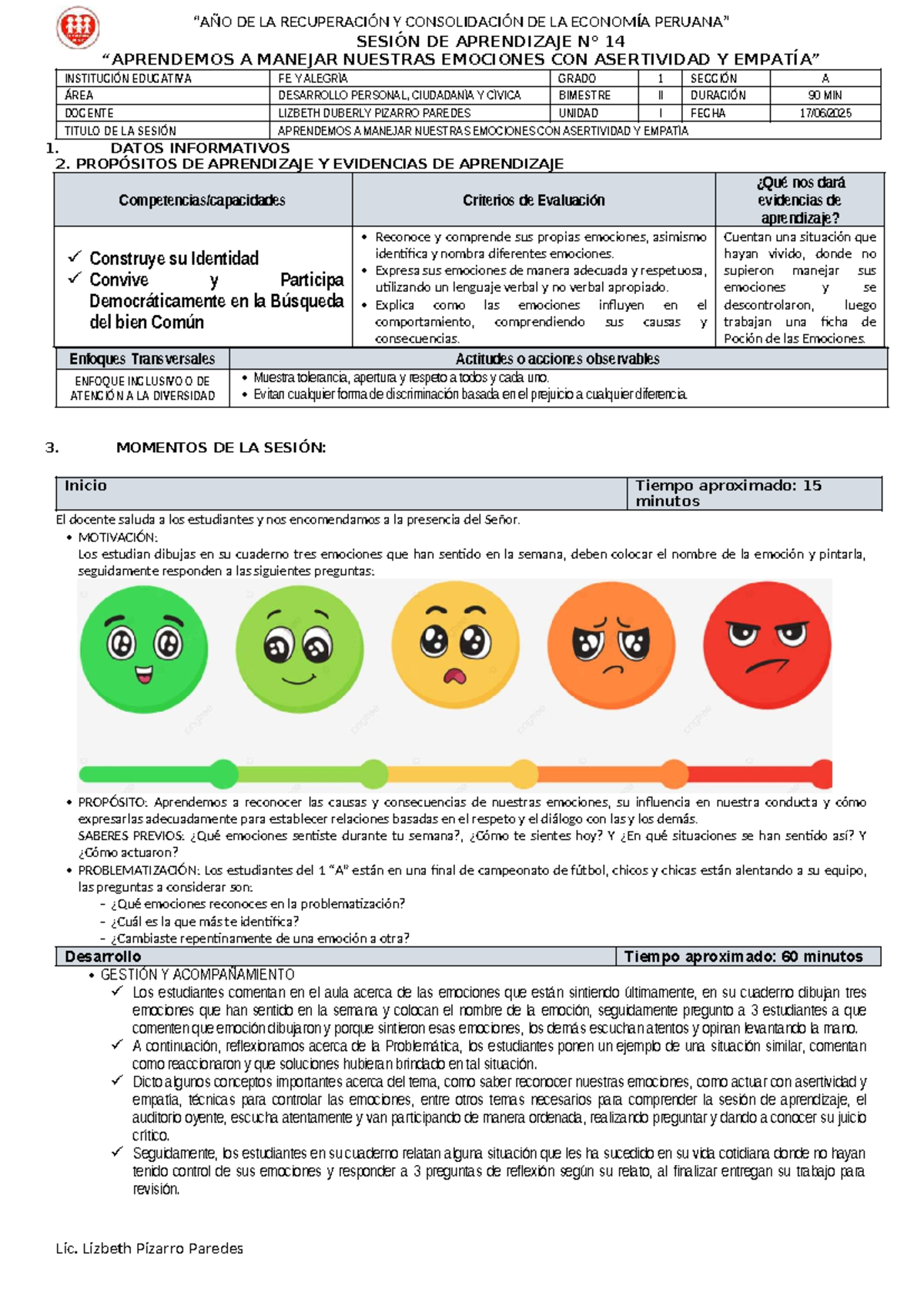 Sesión de Aprendizaje DPCC 1A: Manejo de Emociones con Asertividad ...