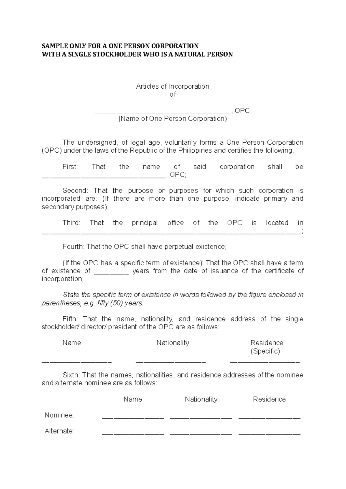 2019 Sample Articles of Incorporation for One Person Corp - Studocu