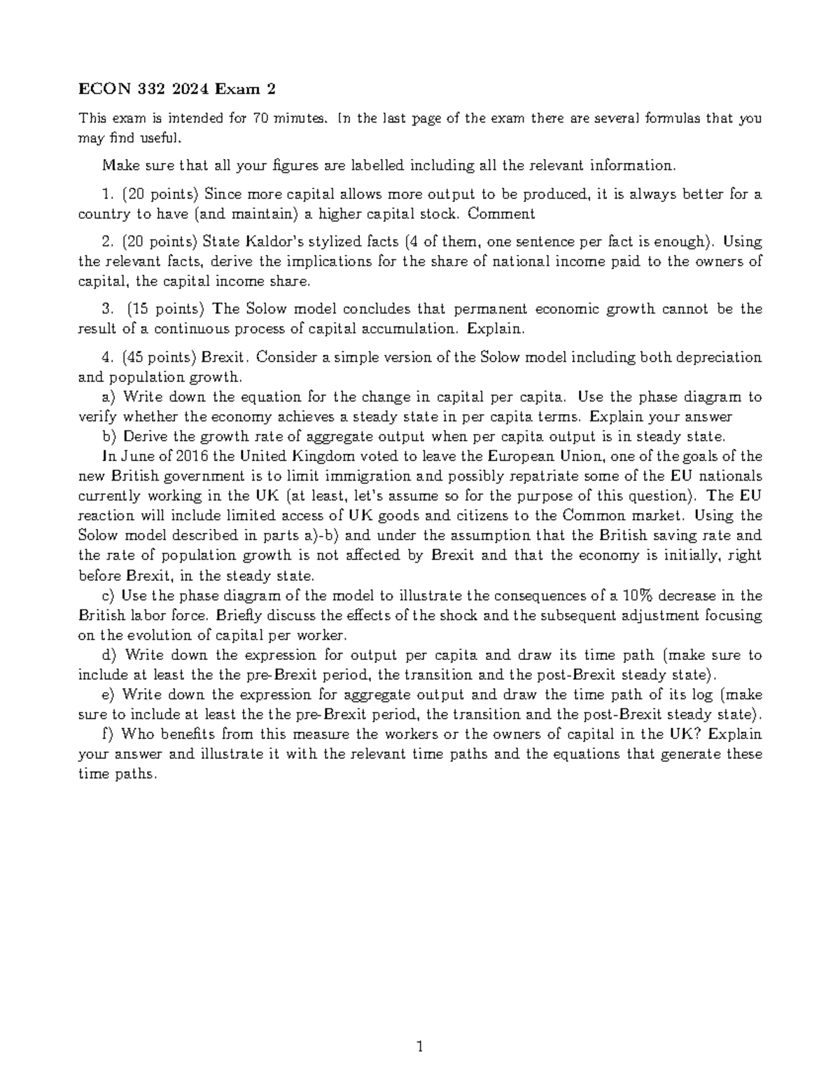 Econ 332 2024 Midterm 2 Exam 2: Key Concepts and Formulas Summary - Studocu