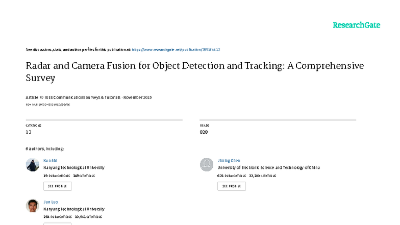 Radar and Camera Fusion for Object Detection and Tracking: A Survey ...