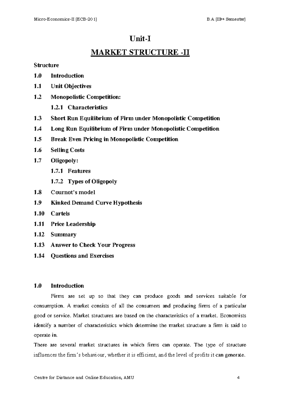 Micro Economics (B.A Semester) - Market Structure Lecture Notes - Studocu