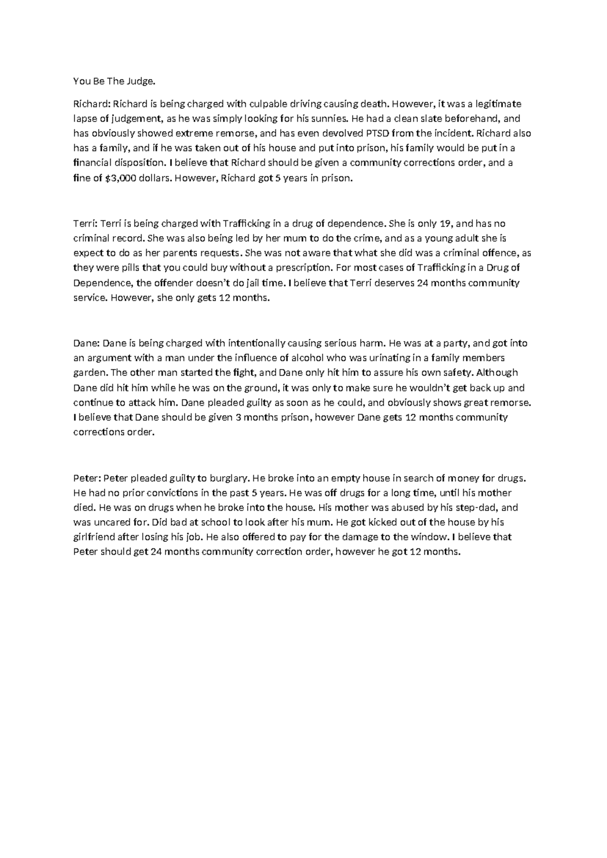 You Be The Judge: Case Summaries and Sentencing Insights - Studocu