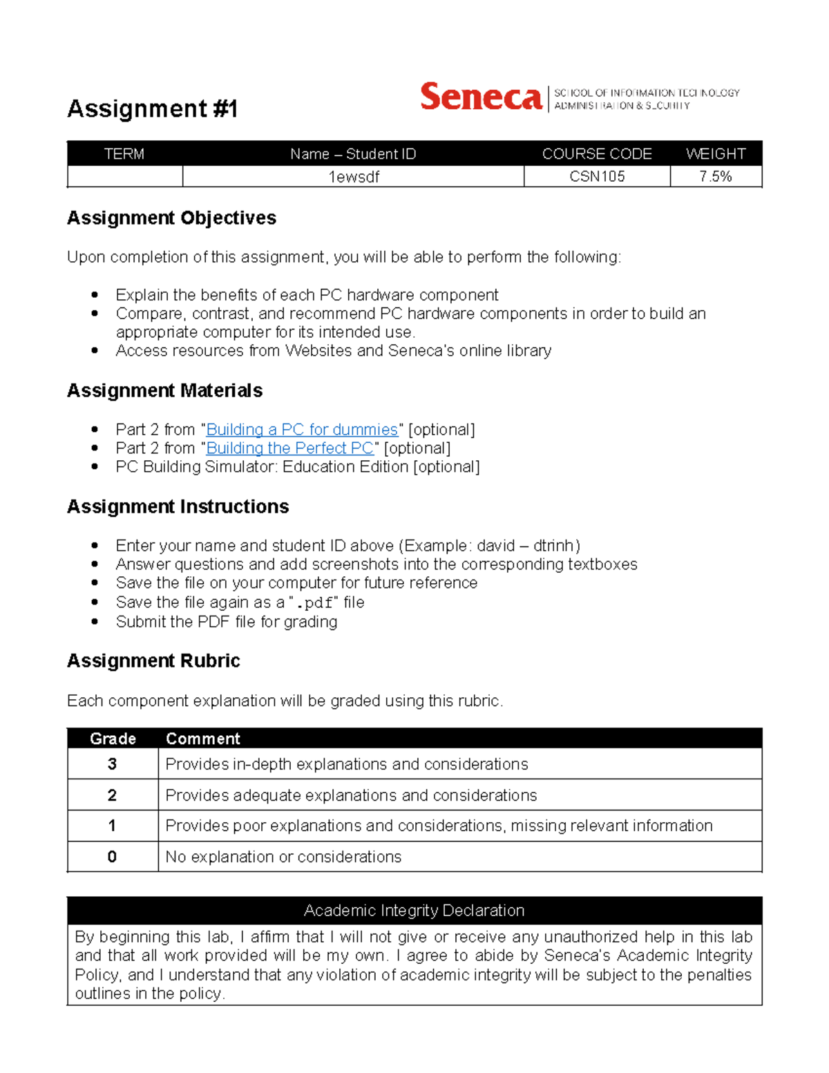 CSN105 - Assignment 1: PC Hardware Component Recommendations - Studocu