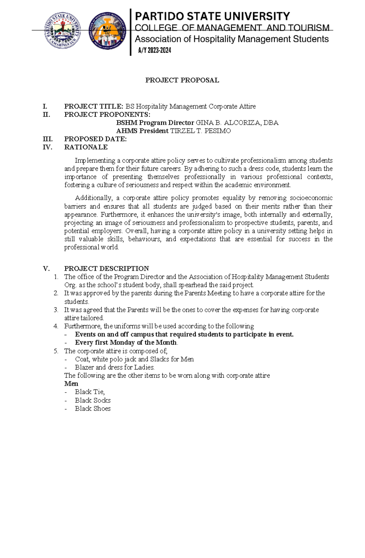 BSHM Corporate Attire Proposal for Professional Development - Studocu