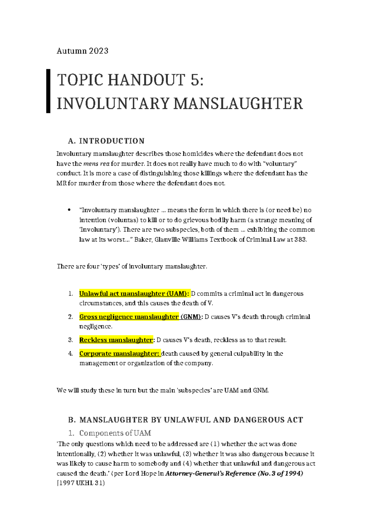 Topic Handout 5 - Overview of Involuntary Manslaughter Concepts - Studocu