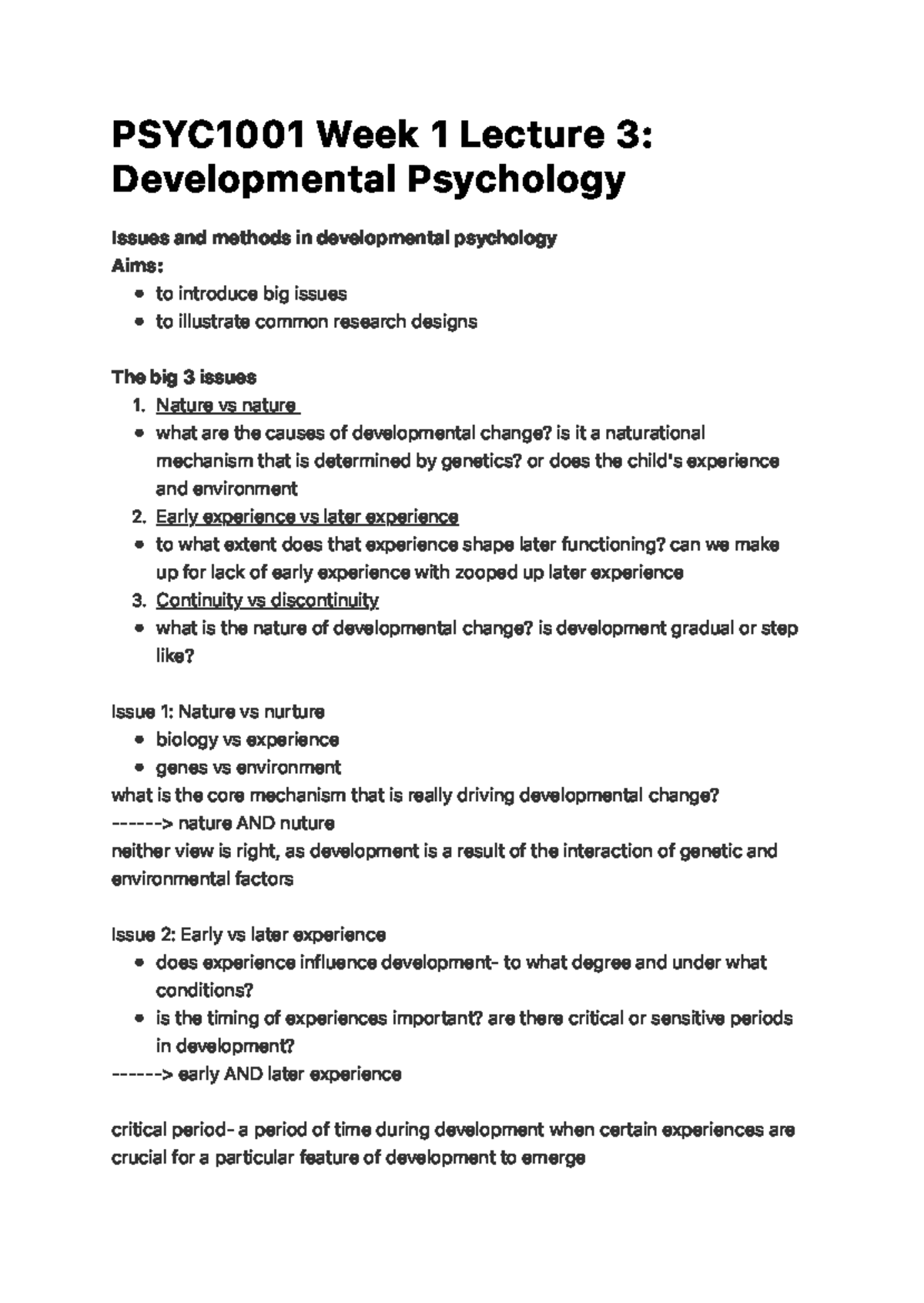 PSYC1001 Week 1 Lecture 3 Developmental Psychology - PSYC 1001 Week 1 ...