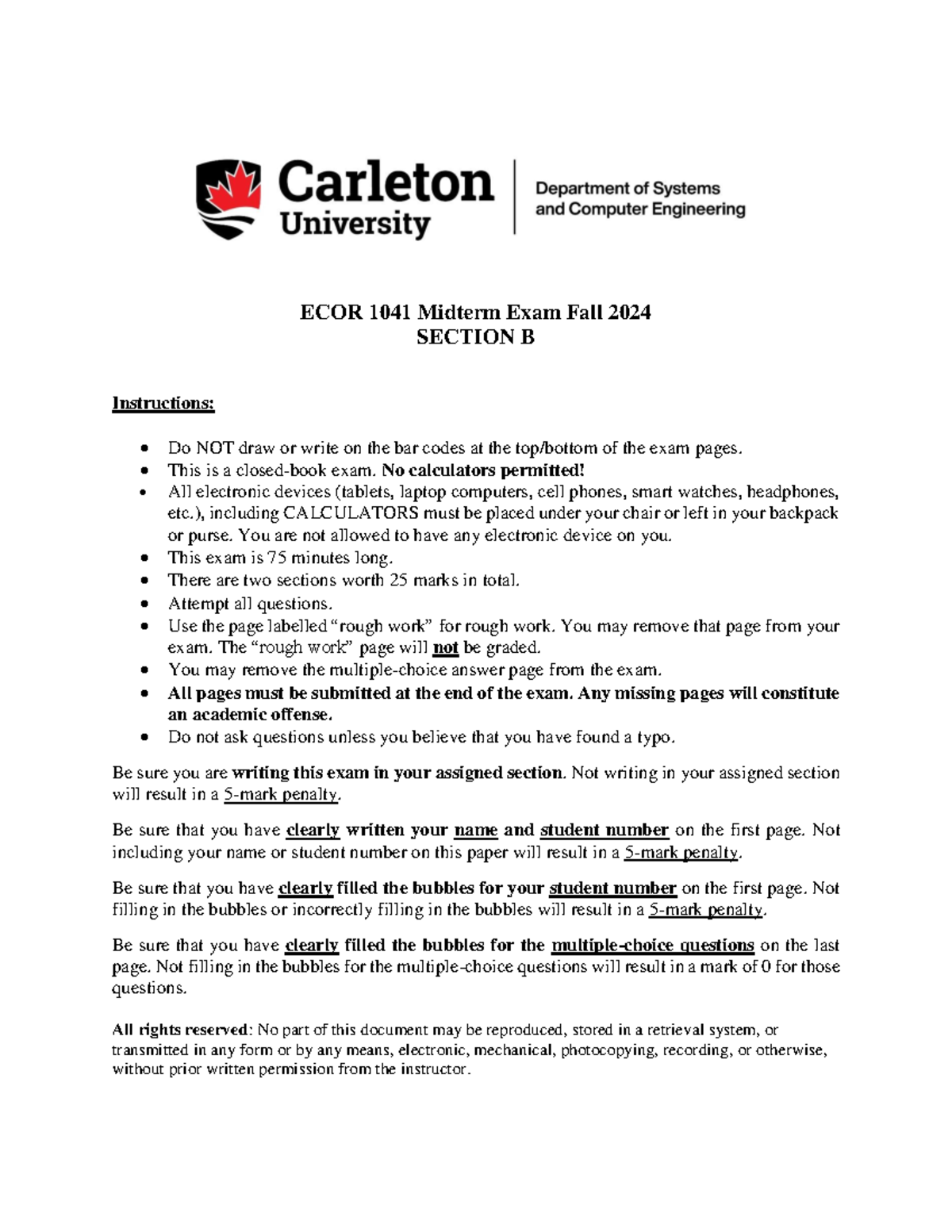 ECOR 1041 Midterm Exam Fall 2024 - Section B Instructions & Questions ...