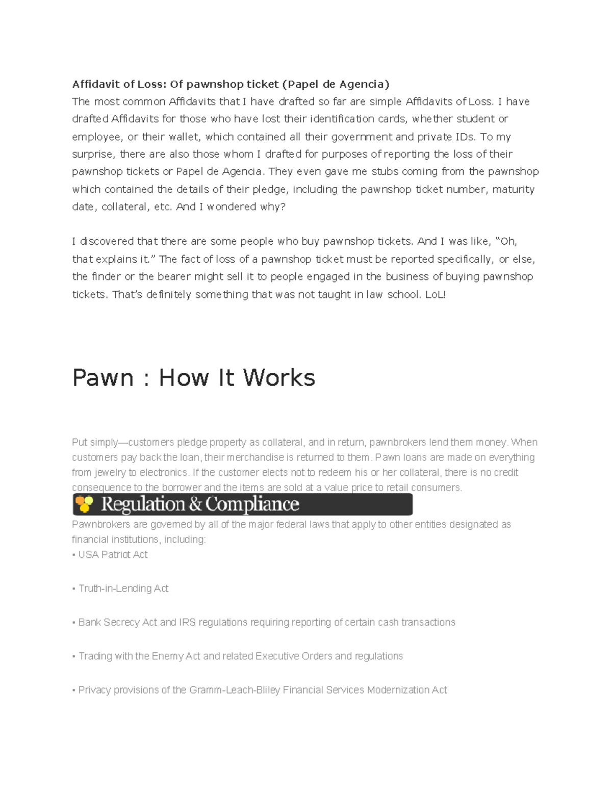 Pawning Law: Affidavit of Loss & How Pawn Loans Work - Studocu
