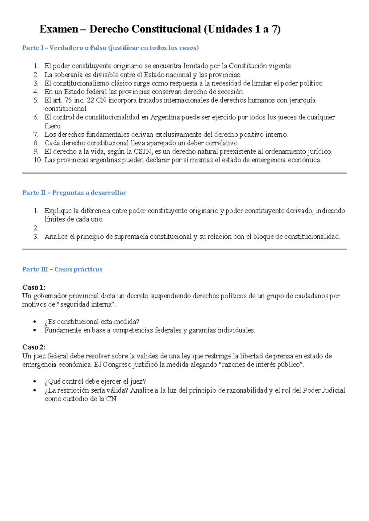 Examen de Derecho Constitucional (Unidades 1 a 7) - Verdadero o Falso y ...