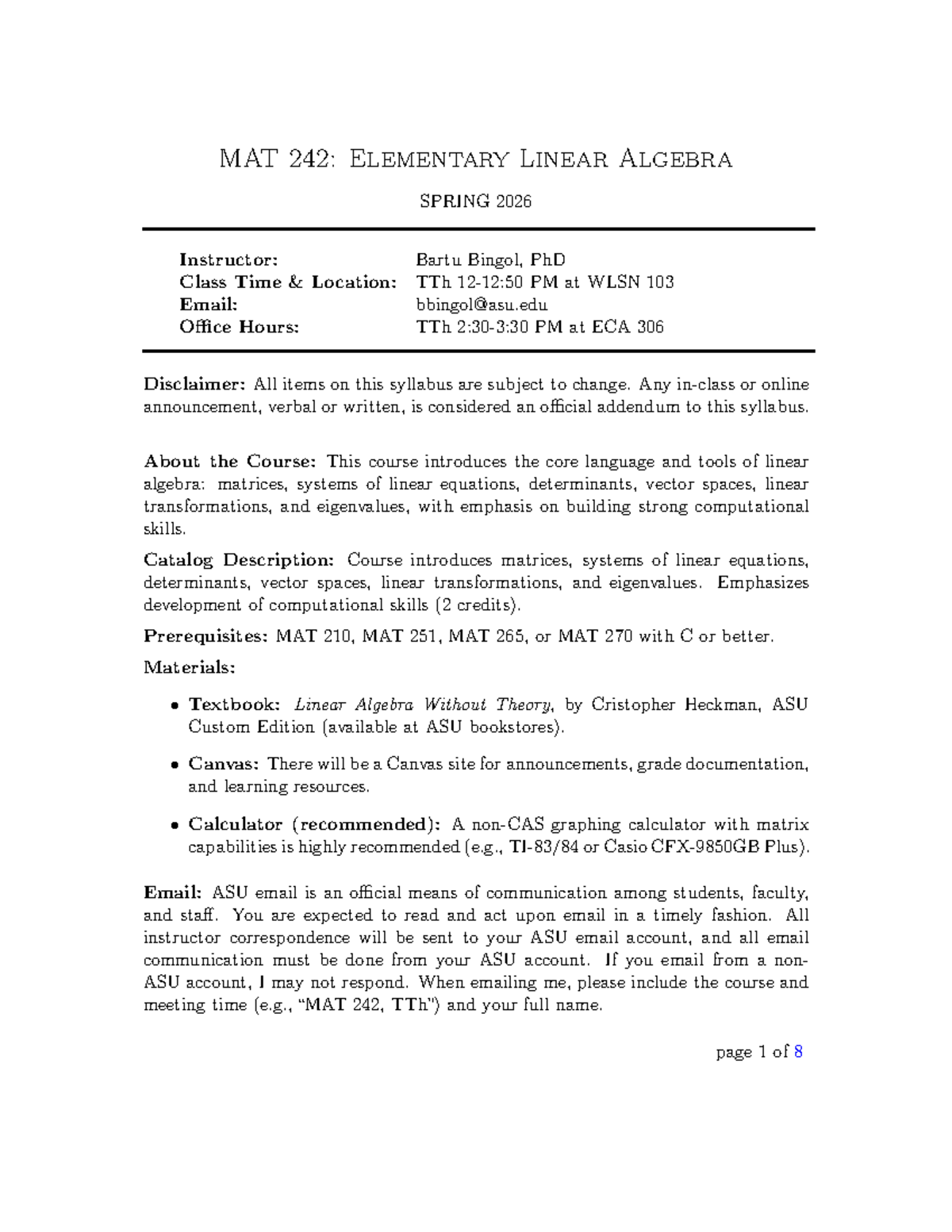 MAT 242: Spring 2026 Syllabus for Elementary Linear Algebra - Studocu