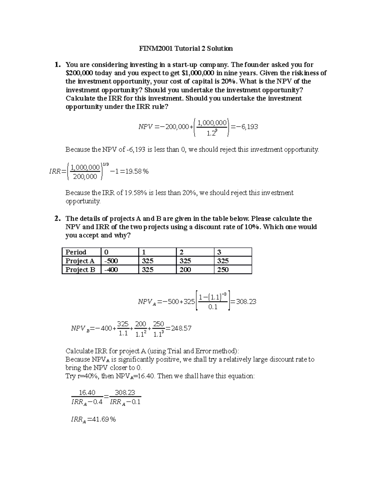 FINM2001 Tutorial 2 Solutions: NPV and IRR Analysis of Projects - Studocu