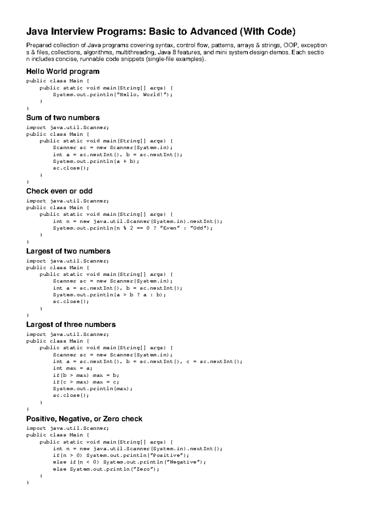 Java Interview Programs: Basic to Advanced (With Code) - Studocu