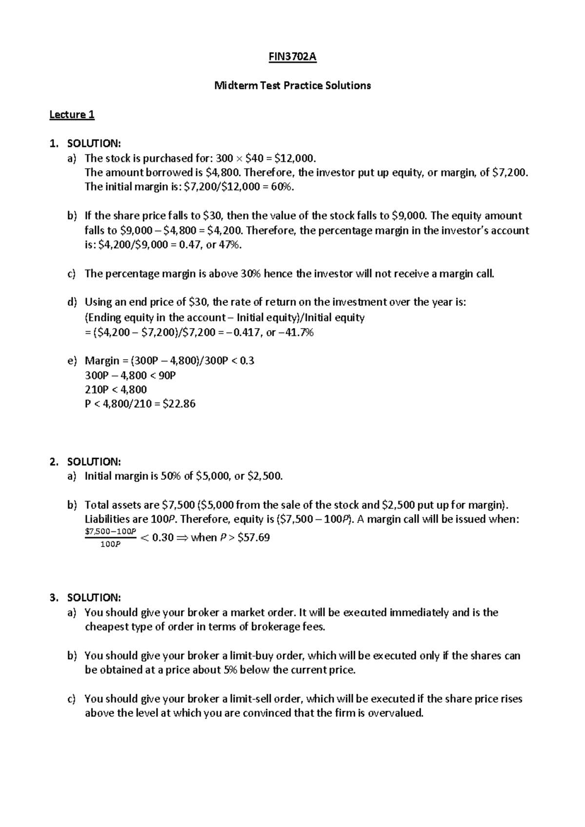 FIN3702A Midterm Test Practice Solutions and Solutions Overview - Studocu