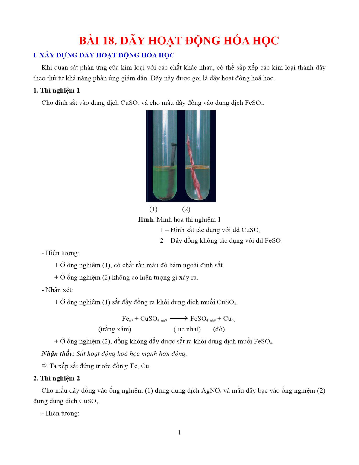 BÀI 18. DÃY HOẠT ĐỘNG HÓA HỌC CỦA KIM LOẠI (GV) - TỔNG HỢP THÍ NGHIỆM - Document Preview